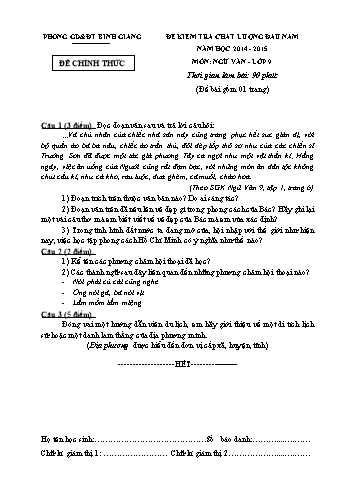 Đề khảo sát chất lượng đầu năm môn Ngữ văn Lớp 9 - Năm học 2014-2015 - Phòng GD&ĐT Bình Giang (Có đáp án)