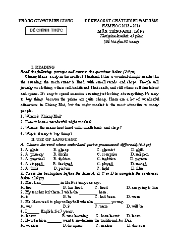 Đề khảo sát chất lượng đầu năm môn Tiếng Anh Lớp 9 - Năm học 2013-2014 - Phòng GD&ĐT Bình Giang