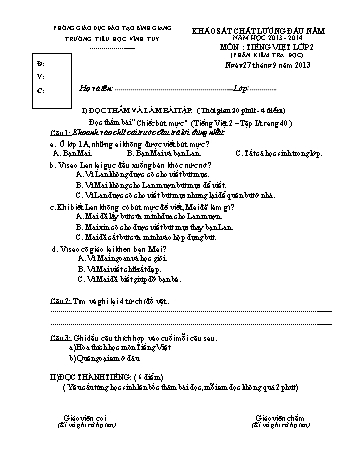 Đề khảo sát chất lượng đầu năm môn Tiếng Việt Lớp 2 - Năm học 2013-2014 - Trường Tiểu học Vĩnh Tuy (Có đáp án)