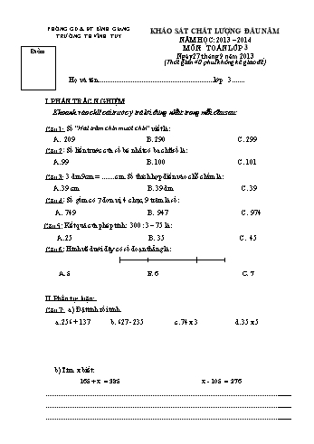 Đề khảo sát chất lượng đầu năm môn Toán Lớp 3 - Năm học 2013-2014 - Trường Tiểu học Vĩnh Tuy (Có đáp án)