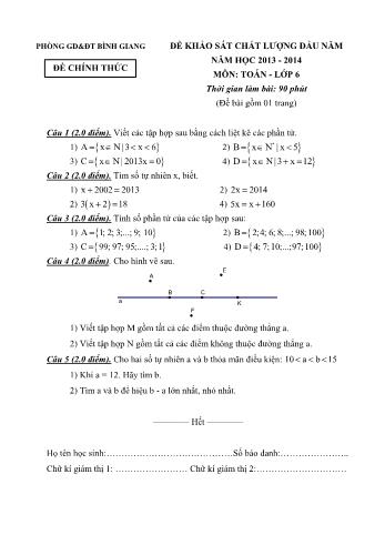 Đề khảo sát chất lượng đầu năm môn Toán Lớp 6 - Năm học 2013-2014 - Phòng GD&ĐT Bình Giang (Có đáp án)