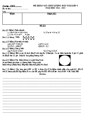 Đề khảo sát chất lượng đầu năm môn Toán Lớp 6 - Năm học 2014-2015 (Có đáp án)