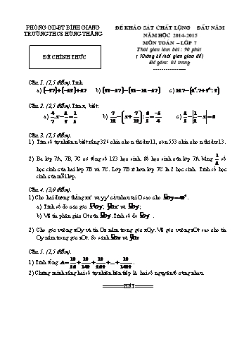 Đề khảo sát chất lượng đầu năm môn Toán Lớp 7 - Năm học 2014-2015 - Trường THCS Hùng Thắng (Có đáp án)