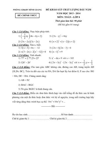 Đề khảo sát chất lượng đầu năm môn Toán Lớp 8 - Năm học 2013-2014 - Phòng GD&ĐT Bình Giang (Có đáp án)