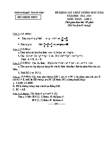 Đề khảo sát chất lượng đầu năm môn Toán Lớp 8 - Năm học 2014-2015 - Phòng GD&ĐT Thanh Miện (Có đáp án)