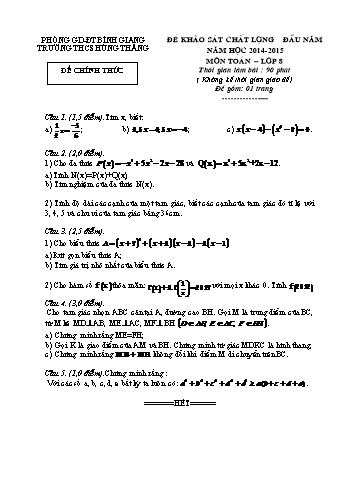 Đề khảo sát chất lượng đầu năm môn Toán Lớp 8 - Năm học 2014-2015 - Trường THCS Hùng Thắng (Có đáp án)