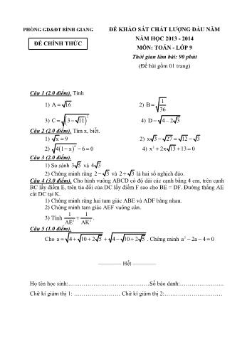 Đề khảo sát chất lượng đầu năm môn Toán Lớp 9 - Năm học 2013-2014 - Phòng GD&ĐT Bình Giang (Có đáp án)