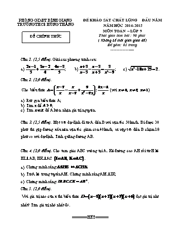 Đề khảo sát chất lượng đầu năm môn Toán Lớp 9 - Năm học 2014-2015 - Trường THCS Hùng Thắng (Có đáp án)