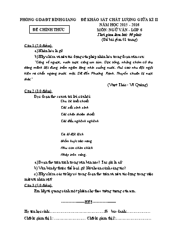 Đề khảo sát chất lượng giữa kì II môn Ngữ văn Lớp 6 - Năm học 2015-2016 - Phòng GD&ĐT Bình Giang (Có đáp án)