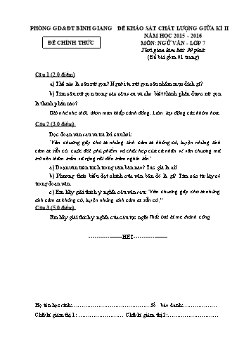 Đề khảo sát chất lượng giữa kì II môn Ngữ văn Lớp 7 - Năm học 2015-2016 - Phòng GD&ĐT Bình Giang (Có đáp án)