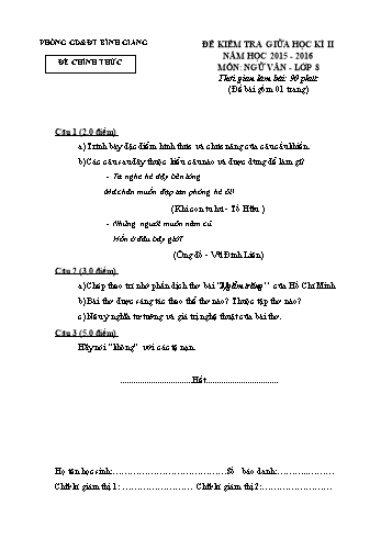 Đề khảo sát chất lượng giữa kì II môn Ngữ văn Lớp 8 - Năm học 2015-2016 - Phòng GD&ĐT Bình Giang (Có đáp án)