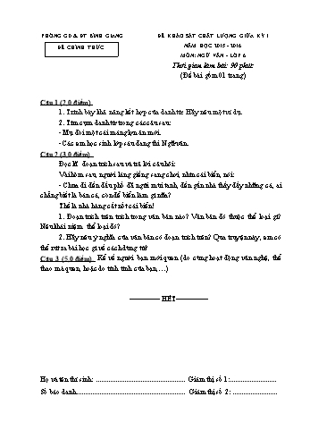 Đề khảo sát chất lượng giữa kỳ I môn Ngữ văn Lớp 6 - Năm học 2015-2016 - Phòng GD&ĐT Bình Giang (Có đáp án)