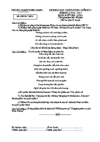 Đề khảo sát chất lượng giữa kỳ I môn Ngữ văn Lớp 9 - Năm học 2016-2017 - Phòng GD&ĐT Bình Giang (Có đáp án)
