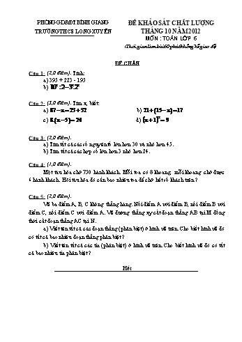 Đề khảo sát chất lượng tháng 10 môn Toán Lớp 6 - Năm 2012 - Trường THCS Long Xuyên