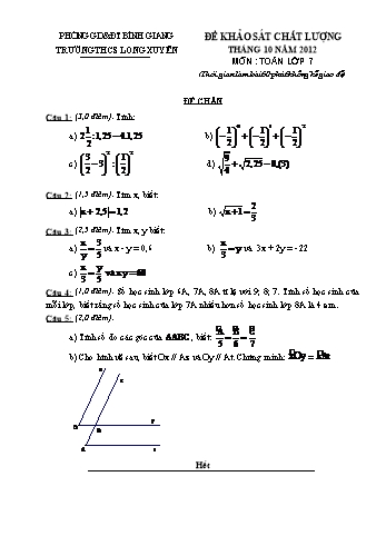Đề khảo sát chất lượng tháng 10 môn Toán Lớp 7 - Năm 2012 - Trường THCS Long Xuyên