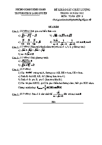 Đề khảo sát chất lượng tháng 10 môn Toán Lớp 9 - Năm 2012 - Trường THCS Long Xuyên