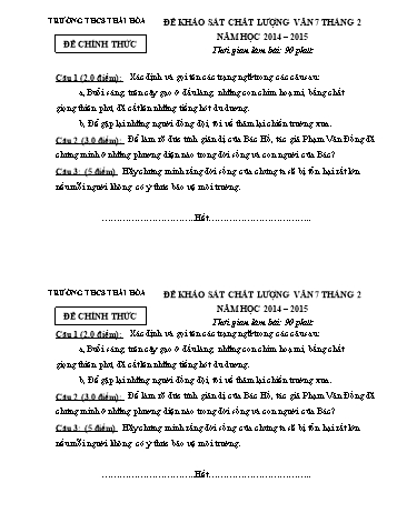 Đề khảo sát chất lượng tháng 2 môn Ngữ văn Lớp 7 - Năm học 2014-2015 - Trường THCS Thái Hòa (Có đáp án và biểu điểm)