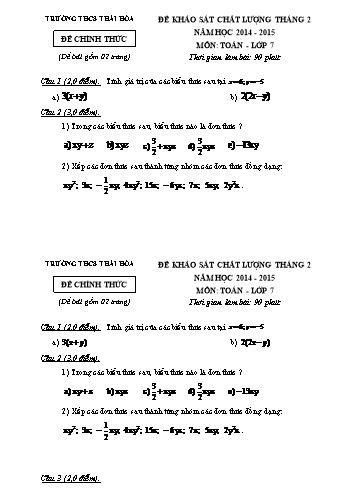 Đề khảo sát chất lượng tháng 2 môn Toán Lớp 7 - Năm học 2014-2015 - Trường THCS Thái Hòa (Kèm hướng dẫn chấm)