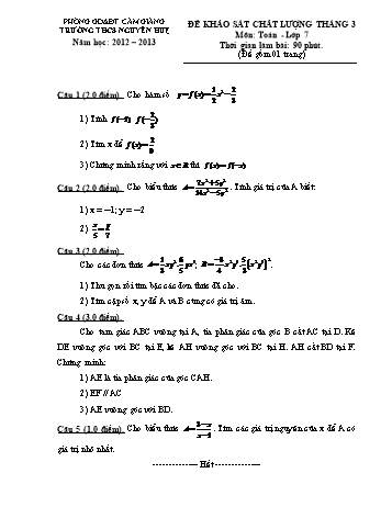 Đề khảo sát chất lượng tháng 3 môn Toán Lớp 7 - Năm học 2012-2013 - Trường THCS Nguyễn Huệ (Kèm hướng dẫn chấm)