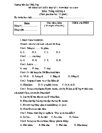 Đề khảo sát giữa học kì I môn Tiếng Việt Lớp 4 - Năm học 2013-2014 - Trường Tiểu học Vĩnh Tuy (Có đáp án)