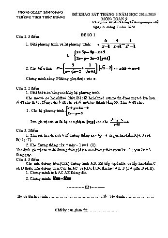 Đề khảo sát tháng 3 môn Toán Lớp 9 - Năm học 2014-2015 - Trường THCS Thúc Kháng