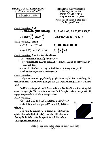 Đề khảo sát tháng 8 môn Toán Lớp 6 - Năm học 2014-2015 - Trường THCS Vũ Hữu (Có đáp án)
