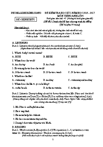 Đề kiểm học kỳ I môn Tiếng Anh Lớp 6 (Chương trình thí điểm) - Năm học 2016-2017 - Phòng GD&ĐT Bình Giang (Có đáp án)