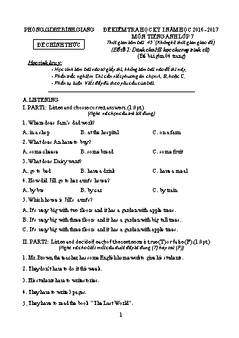 Đề kiểm học kỳ I môn Tiếng Anh Lớp 7 - Năm học 2016-2017 - Phòng GD&ĐT Bình Giang (Có đáp án)