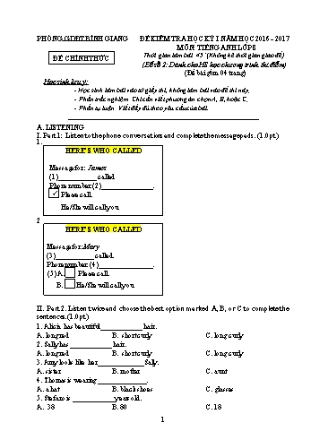 Đề kiểm học kỳ I môn Tiếng Anh Lớp 8 (Chương trình thí điểm) - Năm học 2016-2017 - Phòng GD&ĐT Bình Giang (Có đáp án)