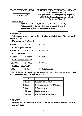 Đề kiểm học kỳ I môn Tiếng Anh Lớp 8 - Năm học 2016-2017 - Phòng GD&ĐT Bình Giang (Có đáp án)