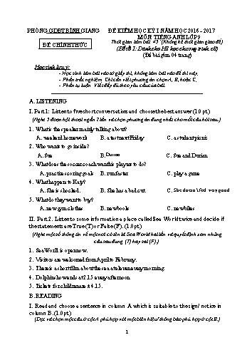 Đề kiểm học kỳ I môn Tiếng Anh Lớp 9 - Năm học 2016-2017 - Phòng GD&ĐT Bình Giang (Có đáp án)
