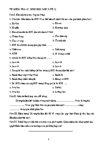 Đề kiểm tra 45 phút môn Sinh học Lớp 9 - Đề 1