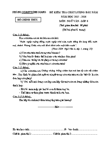 Đề kiểm tra chất lượng đầu năm môn Ngữ văn Lớp 6 - Năm học 2015-2016 - Phòng GD&ĐT Bình Giang (Có đáp án)