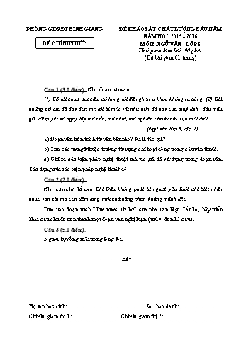 Đề kiểm tra chất lượng đầu năm môn Ngữ văn Lớp 8 - Năm học 2015-2016 - Phòng GD&ĐT Bình Giang (Có đáp án)