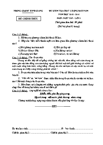 Đề kiểm tra chất lượng đầu năm môn Ngữ văn Lớp 9 - Năm học 2015-2016 - Phòng GD&ĐT Bình Giang (Có đáp án)