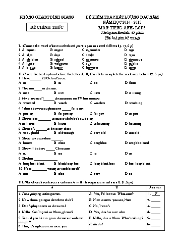 Đề kiểm tra chất lượng đầu năm môn Tiếng Anh Lớp 8 - Năm học 2014-2015 - Phòng GD&ĐT Bình Giang (Có đáp án)