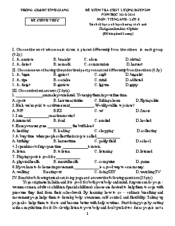 Đề kiểm tra chất lượng đầu năm môn Tiếng Anh Lớp 8 - Năm học 2015-2016 - Phòng GD&ĐT Bình Giang (Có đáp án)