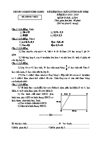 Đề kiểm tra chất lượng đầu năm môn Toán Lớp 6 - Năm học 2015-2016 - Phòng GD&ĐT Bình Giang (Kèm hướng dẫn chấm và biểu điểm)