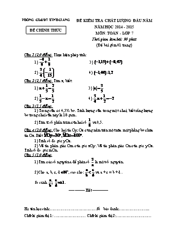 Đề kiểm tra chất lượng đầu năm môn Toán Lớp 7 - Năm học 2014-2015 - Phòng GD&ĐT Bình Giang (Kèm hướng dẫn chấm và biểu điểm)