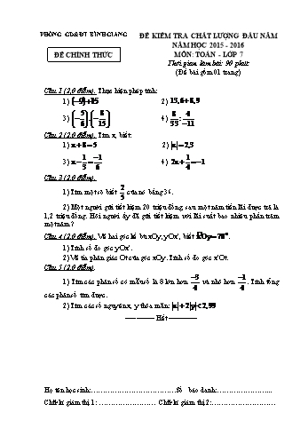 Đề kiểm tra chất lượng đầu năm môn Toán Lớp 7 - Năm học 2015-2016 - Phòng GD&ĐT Bình Giang (Kèm hướng dẫn chấm và biểu điểm)
