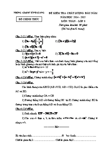 Đề kiểm tra chất lượng đầu năm môn Toán Lớp 8 - Năm học 2014-2015 - Phòng GD&ĐT Bình Giang (Kèm hướng dẫn chấm và biểu điểm)