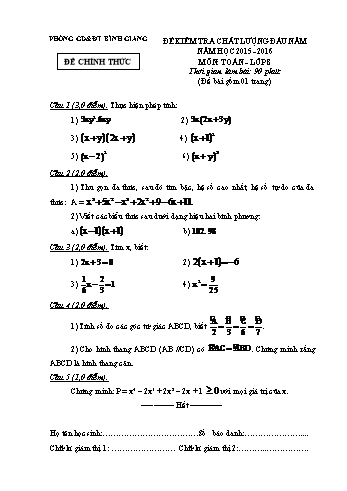 Đề kiểm tra chất lượng đầu năm môn Toán Lớp 8 - Năm học 2015-2016 - Phòng GD&ĐT Bình Giang (Kèm hướng dẫn chấm và biểu điểm)