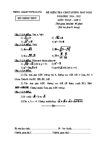 Đề kiểm tra chất lượng đầu năm môn Toán Lớp 9 - Năm học 2014-2015 - Phòng GD&ĐT Bình Giang (Kèm hướng dẫn chấm và biểu điểm)