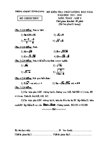 Đề kiểm tra chất lượng đầu năm môn Toán Lớp 9 - Năm học 2015-2016 - Phòng GD&ĐT Bình Giang (Kèm hướng dẫn chấm và biểu điểm)