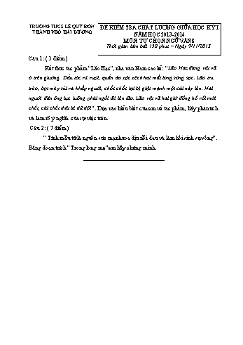 Đề kiểm tra chất lượng giữa học kỳ I môn Tự chọn Ngữ văn 8 - Năm học 2013-2014 - Trường THCS Lê Quý Đôn