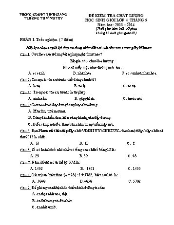 Đề kiểm tra chất lượng học sinh giỏi Lớp 4 - Tháng 9 - Năm học 2013-2014 - Trường Tiểu học Vĩnh Tuy (Có đáp án)