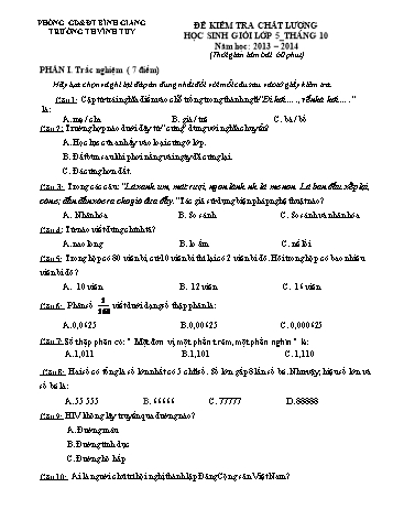 Đề kiểm tra chất lượng học sinh giỏi Lớp 5 - Tháng 10 - Năm học 2013-2014 - Trường Tiểu học Vĩnh Tuy (Có đáp án)