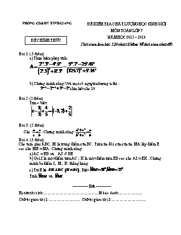 Đề kiểm tra chất lượng học sinh giỏi môn Toán Lớp 7 - Năm học 2013-2014 - Phòng GD&ĐT Bình Giang (Có đáp án)