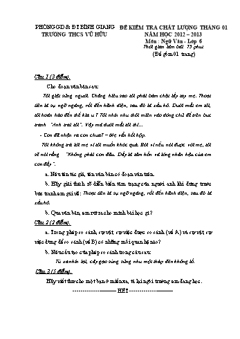 Đề kiểm tra chất lượng tháng 01 môn Ngữ văn Lớp 6, 7, 8, 9 - Năm học 2012-2013 - Trường THCS Vũ Hữu