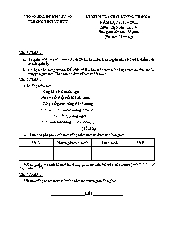 Đề kiểm tra chất lượng tháng 01 môn Ngữ văn Lớp 6, 7, 8, 9 - Năm học 2010-2011 - Trường THCS Vũ Hữu